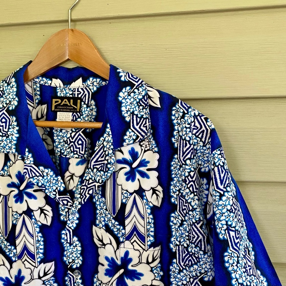 PALI vintage Hawaiian shirt cobalt blue white hibiscus men’s sz XL vacation EUC